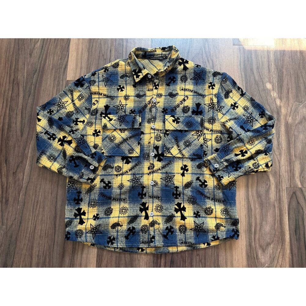 NWOT Chrome Hearts Style Flannel Shirt Plaid Cross Print Button Up Streetwear